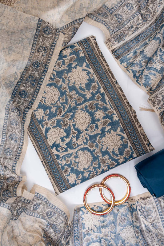 Tussar Grey Cotton Unstitched Salwar Suit With Cotton Dupatta