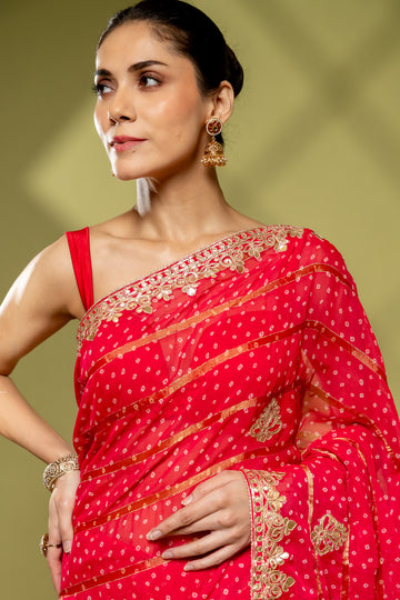 Maroon Georgette Embroidered Saree With Unstitched Blouse
