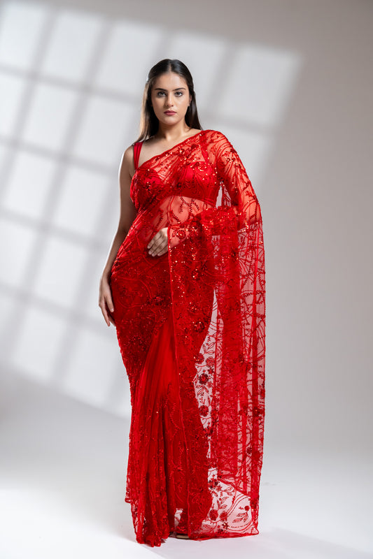 Red Net Embroidered Saree With Unstitched Blouse