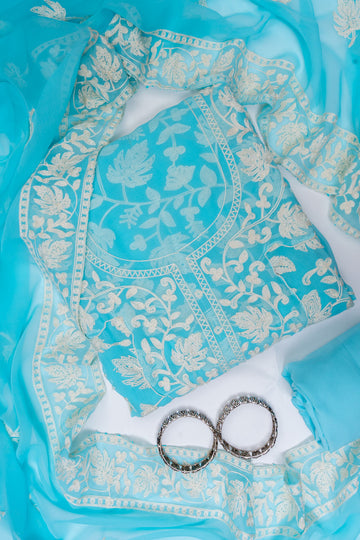 Firozi Georgette Unstitched Salwar Suit With Georgette Dupatta