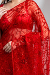 Red Net Embroidered Saree With Unstitched Blouse