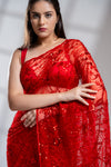 Red Net Embroidered Saree With Unstitched Blouse