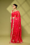 Maroon Georgette Embroidered Saree With Unstitched Blouse