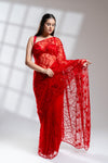 Red Net Embroidered Saree With Unstitched Blouse