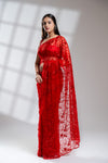 Red Net Embroidered Saree With Unstitched Blouse