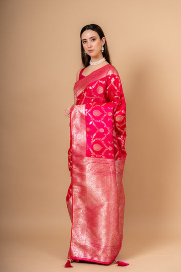 Rani Banarsi Woven Zari  Saree With Unstitched Blouse