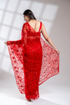 Red Net Embroidered Saree With Unstitched Blouse