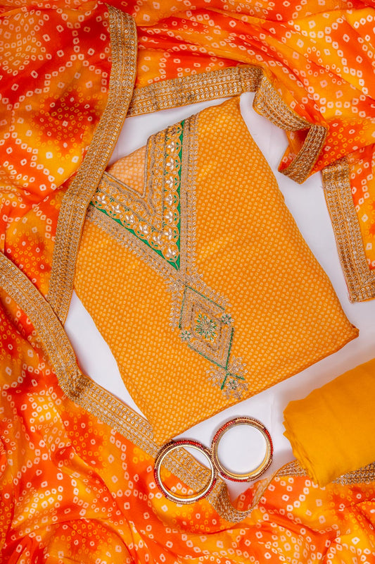 Mango Gold Chanderi Cotton Unstitched Salwar Suit With Chinon Dupatta
