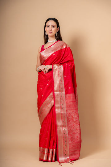 Rani Banarsi Woven Silk Saree With Unstitched Blouse