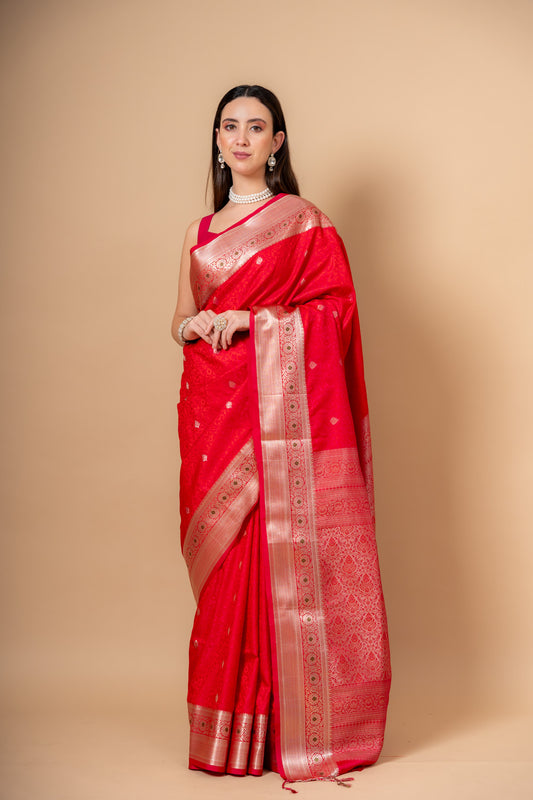 Rani Banarsi Woven Silk Saree With Unstitched Blouse