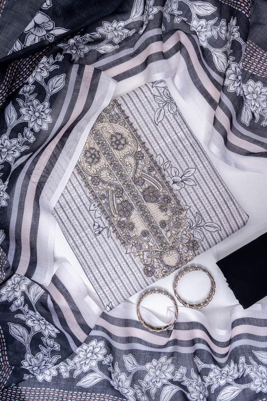 Off White Black Cotton Unstitched Salwar Suit With Cotton Dupatta