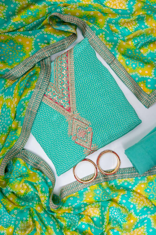 Tea Green Chanderi Cotton Unstitched Salwar Suit With Chinon Dupatta