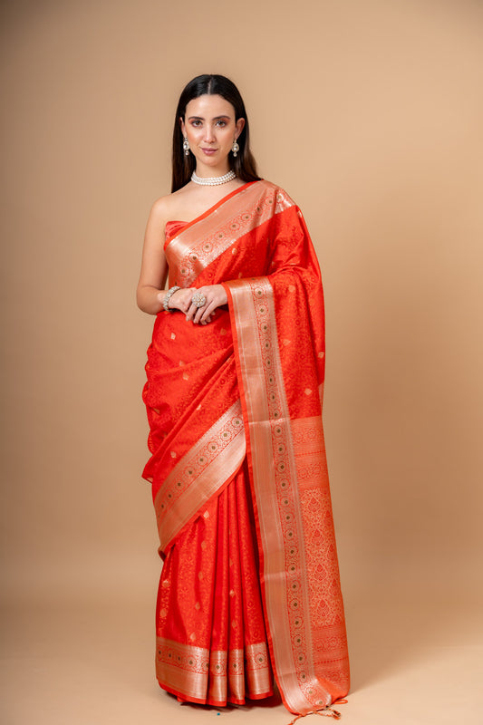 Elegant Rust Banarasi Silk Saree with Golden Zari Weaving And With Unstitched Blouse