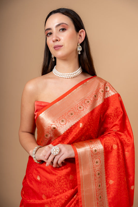 Elegant Rust Banarasi Silk Saree with Golden Zari Weaving And With Unstitched Blouse