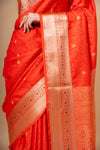 Elegant Rust Banarasi Silk Saree with Golden Zari Weaving And With Unstitched Blouse