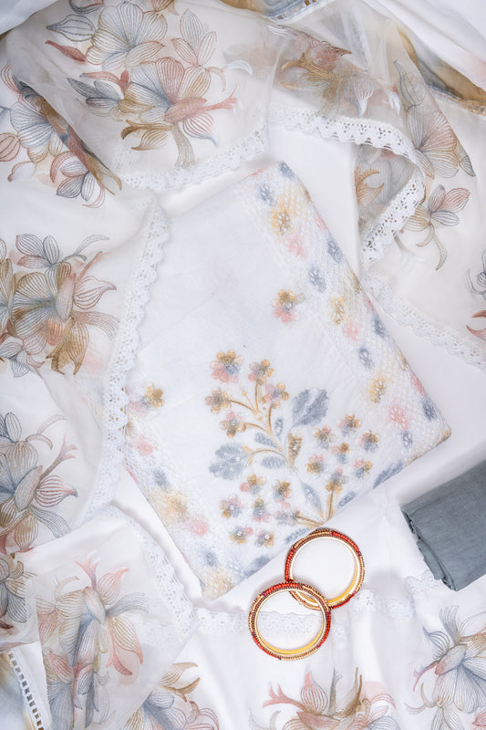 White Grey Cotton Unstitched Salwar Suit With Chiffon Dupatta