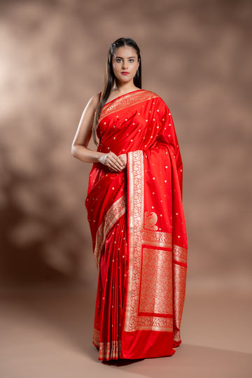 Red Banarasi Silk Saree With Unstitched Blouse