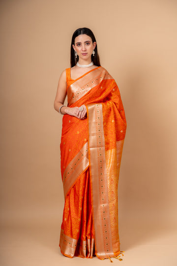 Mustard Banarsi Woven Silk Saree With Unstitched Blouse