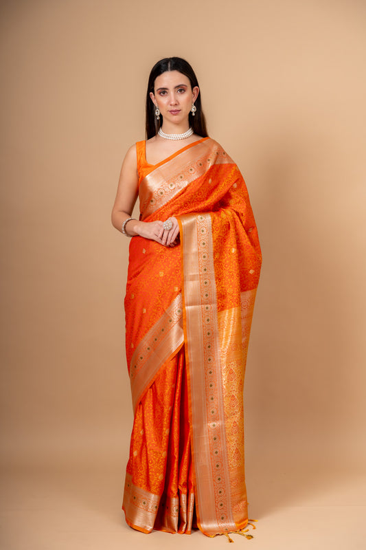 Mustard Banarsi Woven Silk Saree With Unstitched Blouse