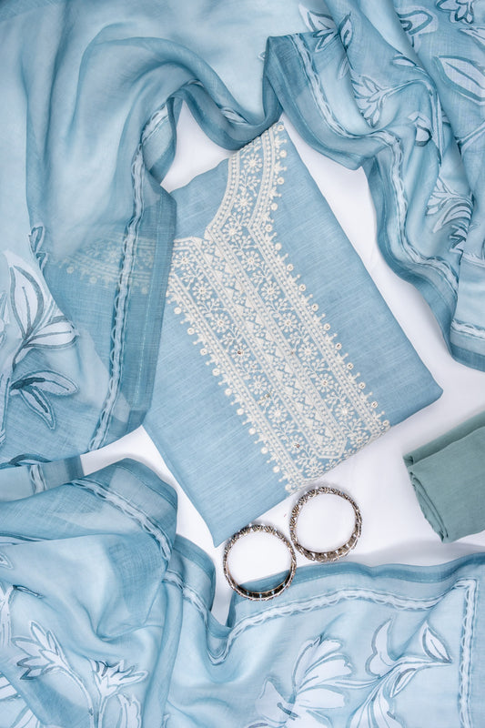 Mint Green Cotton Unstitched Salwar Suit With Cotton Dupatta