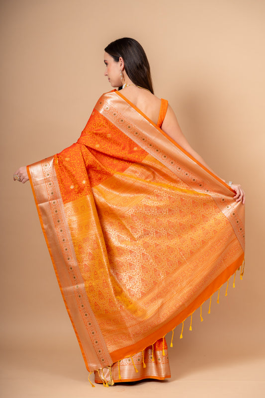 Mustard Banarsi Woven Silk Saree With Unstitched Blouse