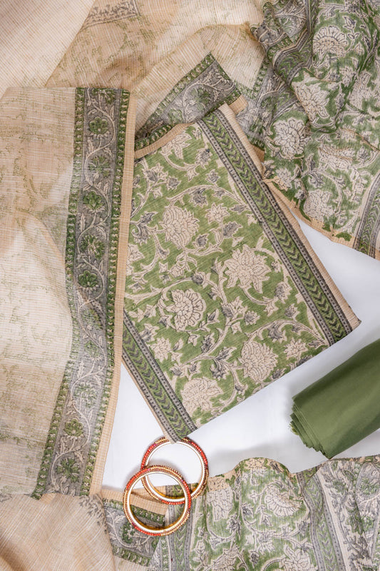 Tussar Pista Cotton Unstitched Salwar Suit With Cotton Dupatta