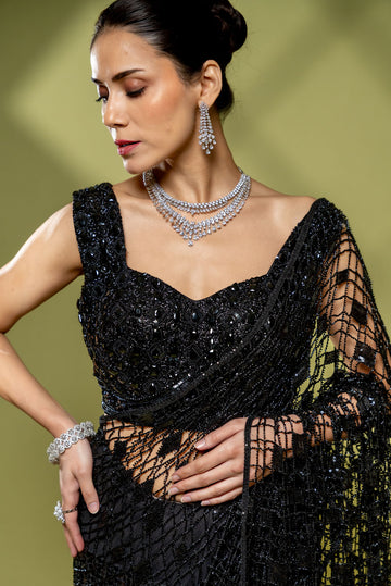 Black Net Embroidered Saree With Readymade Blouse