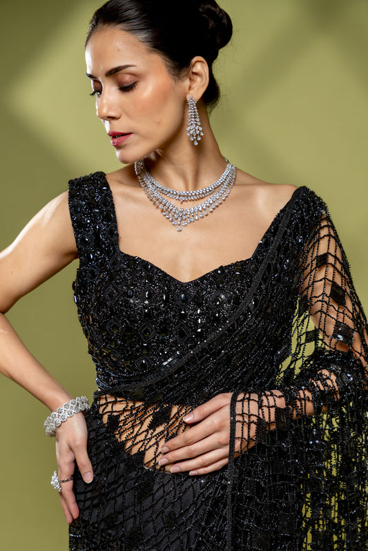 Black Net Embroidered Saree With Readymade Blouse