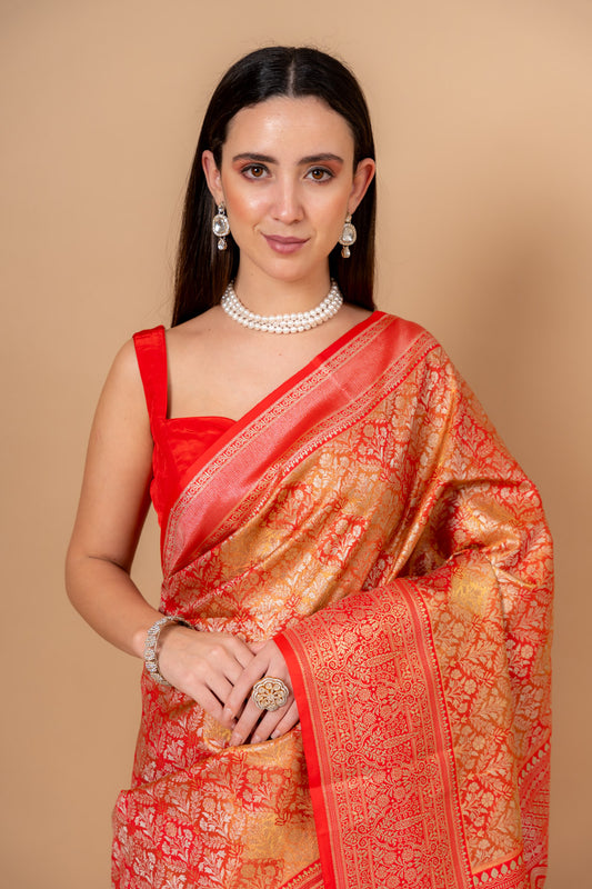 Grace Redefined Red Banarasi Saree With Unstitched Blouse