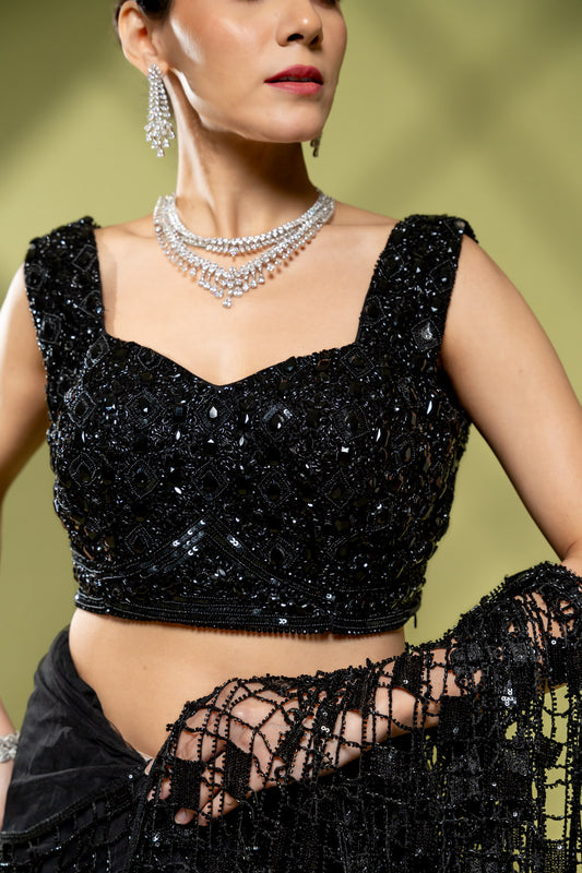 Black Net Embroidered Saree With Readymade Blouse
