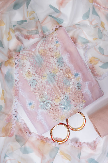 Peach Cotton Unstitched Salwar Suit With Chiffon Dupatta