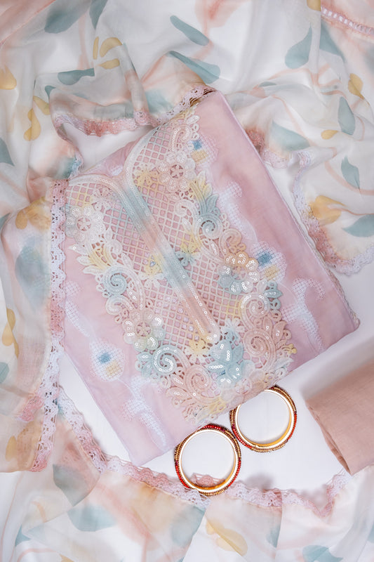 Peach Cotton Unstitched Salwar Suit With Chiffon Dupatta