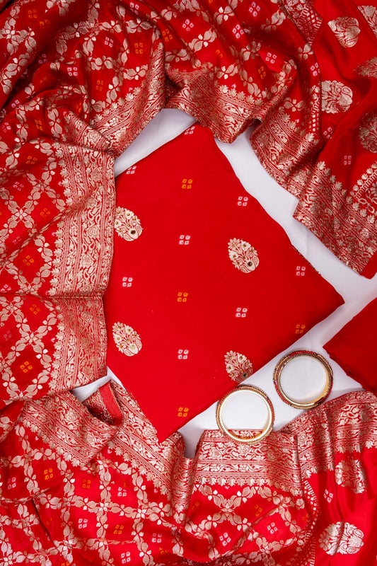 Red Crepe Unstitched Salwar Suit With Chinon Crepe Dupatta