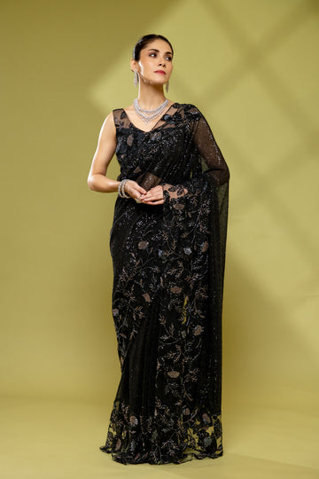 Black Net Embroidered Saree With Readymade Blouse
