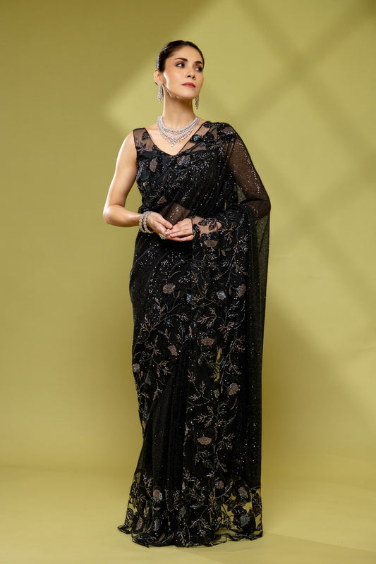 Black Net Embroidered Saree With Readymade Blouse