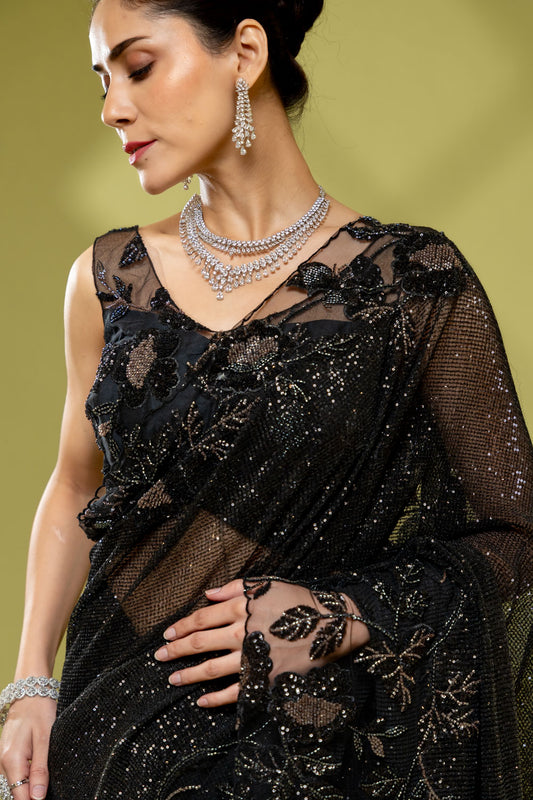 Black Net Embroidered Saree With Readymade Blouse