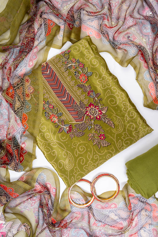 Pista Crepe Unstitched Salwar Suit With Crepe Dupatta