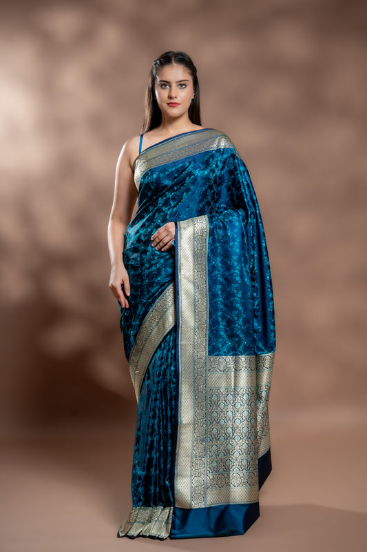 Blue Banarasi Silk Saree With Unstitched Blouse