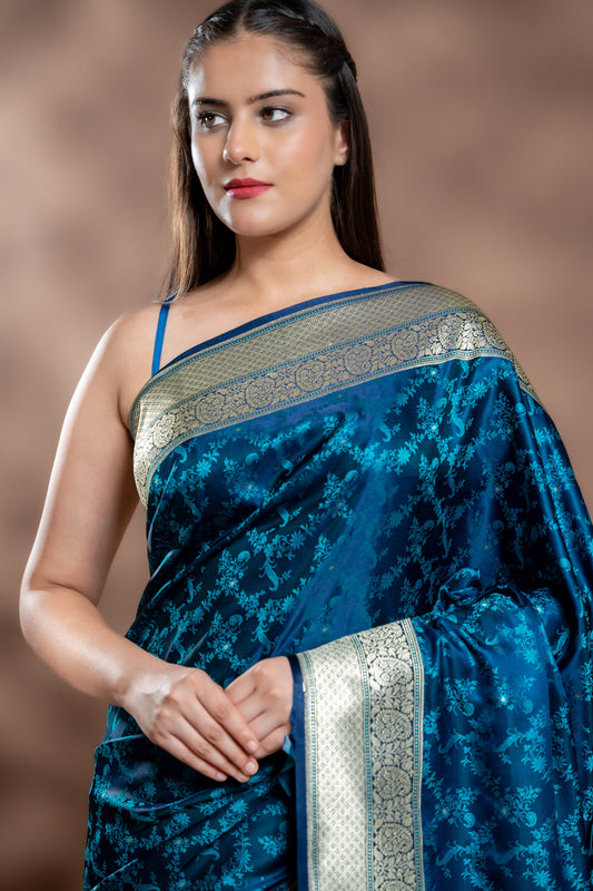 Blue Banarasi Silk Saree With Unstitched Blouse