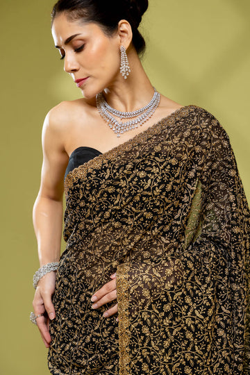 Black Georgette Embroidered Saree With Unstitched Blouse