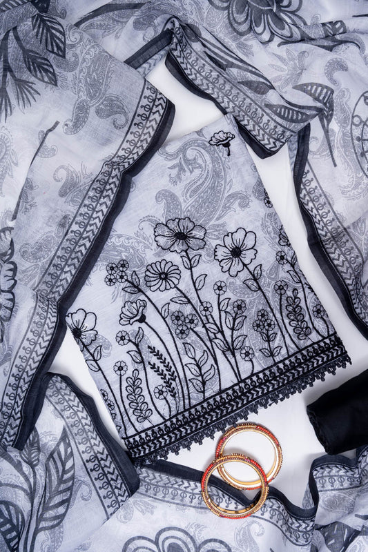 White Black Cotton Unstitched Salwar Suit With Cotton Dupatta