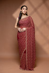 Garnet Georgette Embroidered Saree With Unstitched Blouse