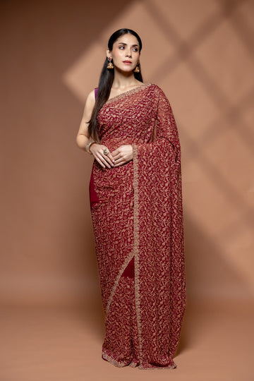 Garnet Georgette Embroidered Saree With Unstitched Blouse