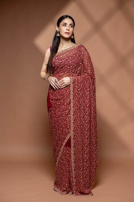 Garnet Georgette Embroidered Saree With Unstitched Blouse