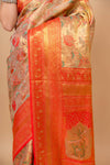 Grace Redefined Red Banarasi Saree With Floral Patterns And Zari Border With Unstitched Blouse