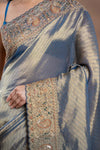 Grey Organza Embroidered Saree With Unstitched Blouse