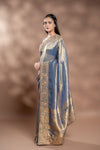 Grey Organza Embroidered Saree With Unstitched Blouse
