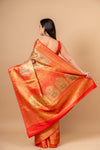 Grace Redefined Red Banarasi Saree With Floral Patterns And Zari Border With Unstitched Blouse