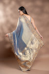 Grey Organza Embroidered Saree With Unstitched Blouse