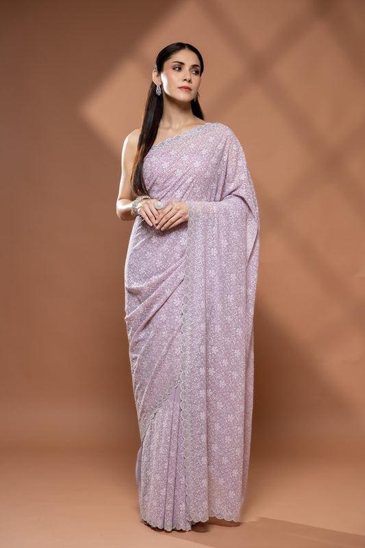 Mauve Georgette Saree With Unstitched Blouse
